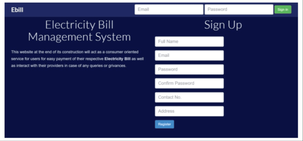 Login and sign-up interface for the billing system
