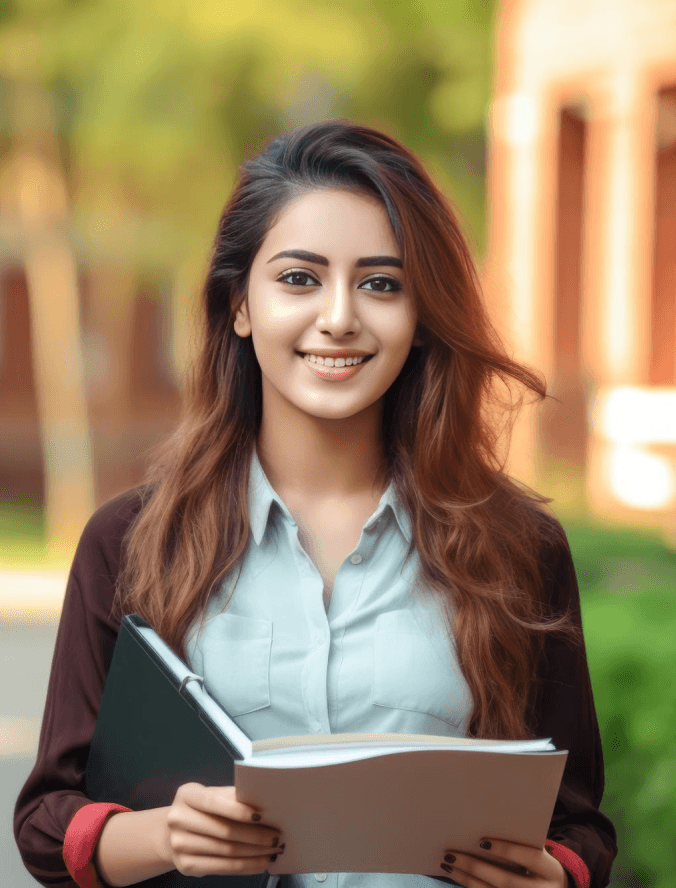 B.Com student with study materials on the BIHE Davangere campus
